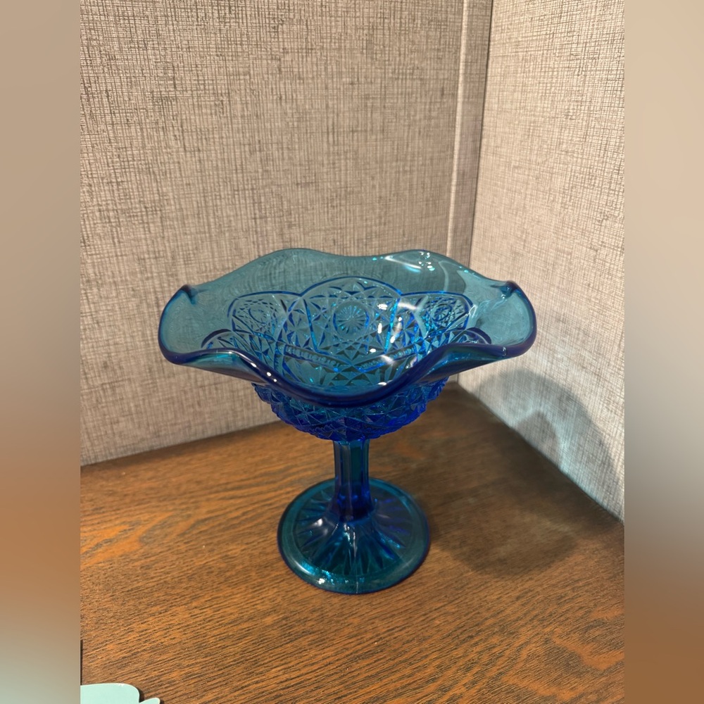 VTG Imperial Glass Co. Blue Hobstar Button Vintage Pedestal Compote Dish 7.5"